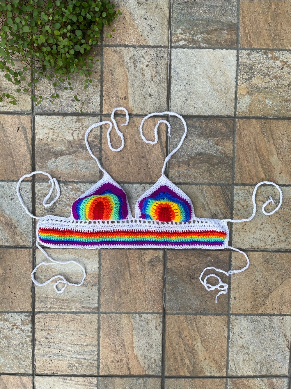 Handmade Crochet Rainbow Pride Bralette 🌈 | White Trim | Adjustable Halter Top M